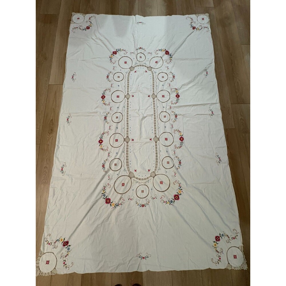 Handmade Embroidered Tablecloth Cross Stitch Floral Crochet Rectangle 100 x 63"